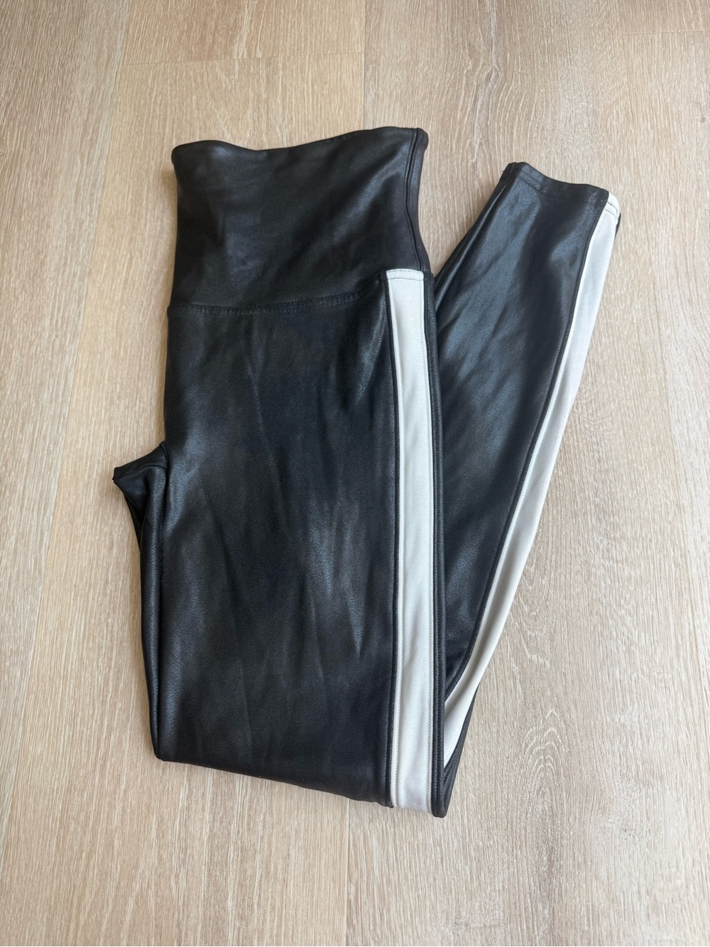 SPANX Black Faux Leather Leggings with side stripe